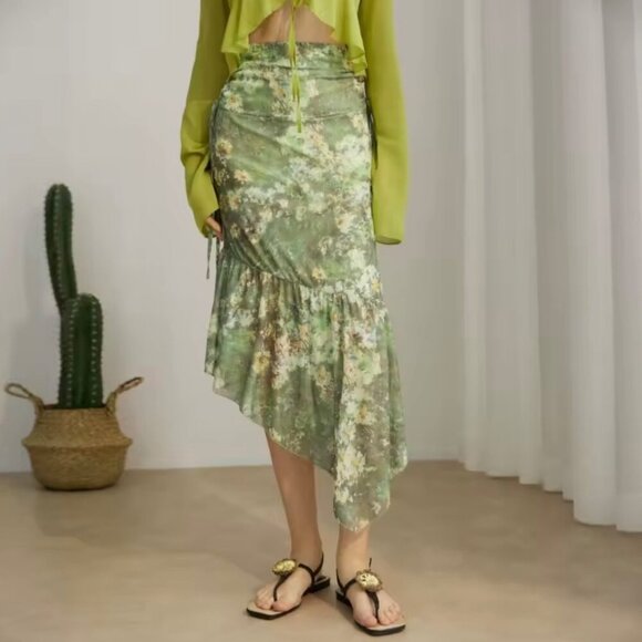 NWOT Y2K Asymmetrical Floral Midi Skirt Sz.M Green Mesh 90s Fairy Grunge Boho - Picture 11 of 11